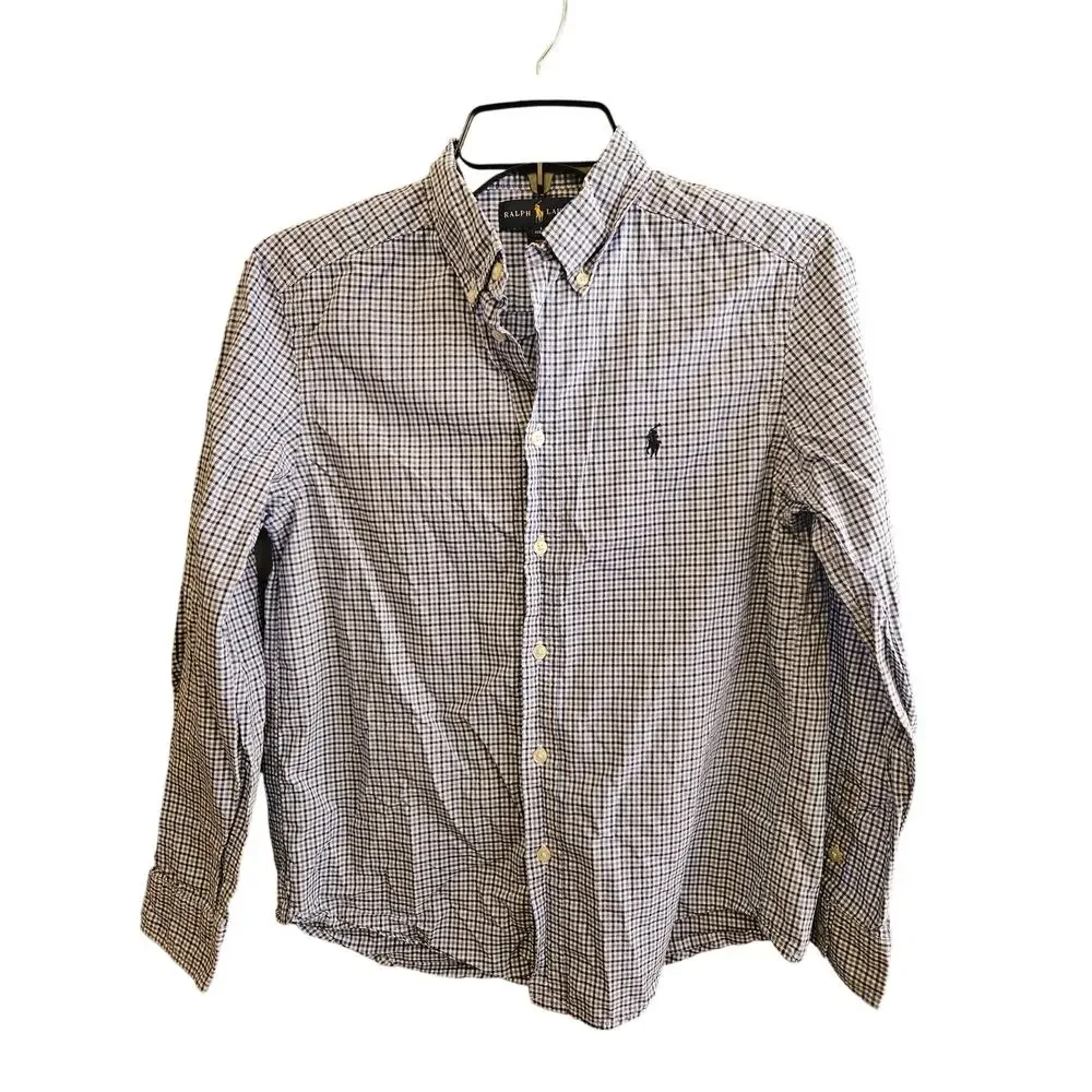 Ralph Lauren Boys Blue Gingham check button down shirt Size Large plaid preppy